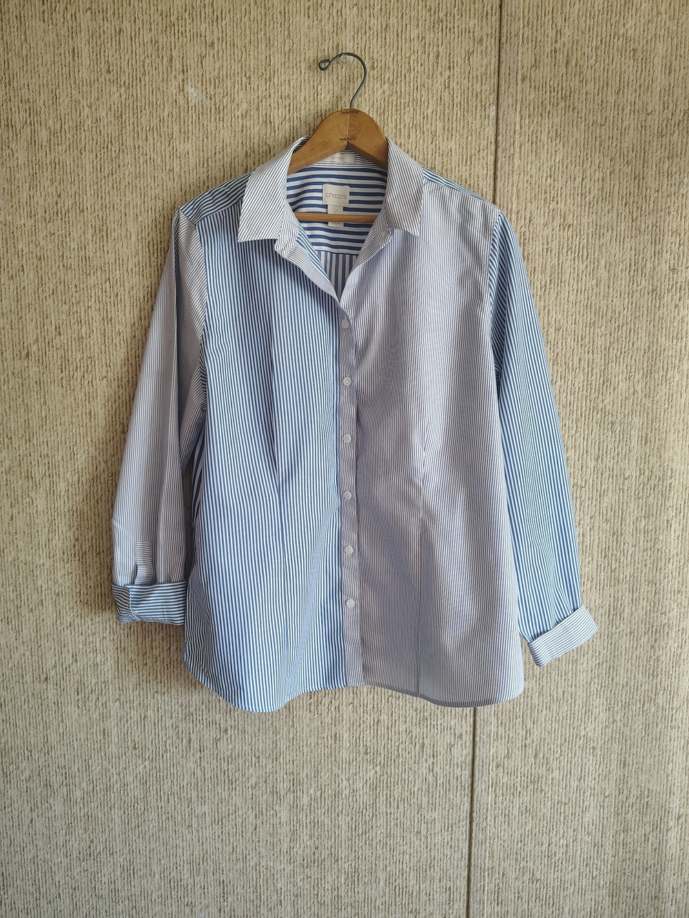 Chico's Button Down Blue & White Mixed Contrast Striped Shirt, Cotton, Sz 2 (12)
